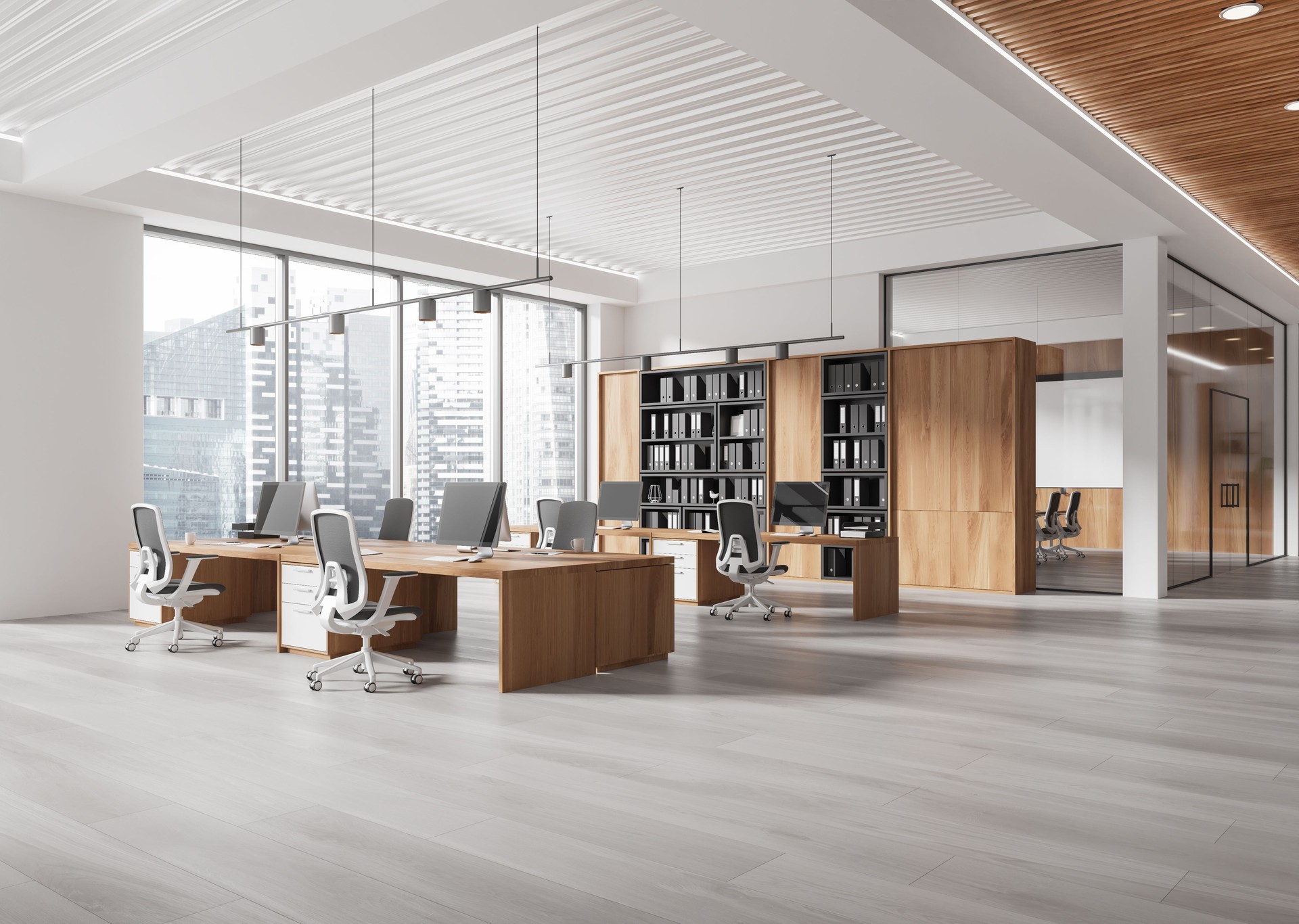 Modern open-space office with wooden flooring, large windows, and contemporary furnishings. 3D Rendering